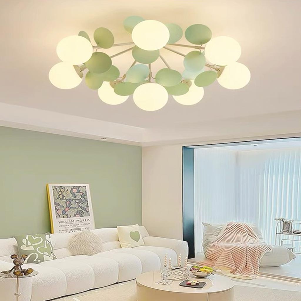 Ceiling Light Cream Glass Globe Branch, Green Leaves