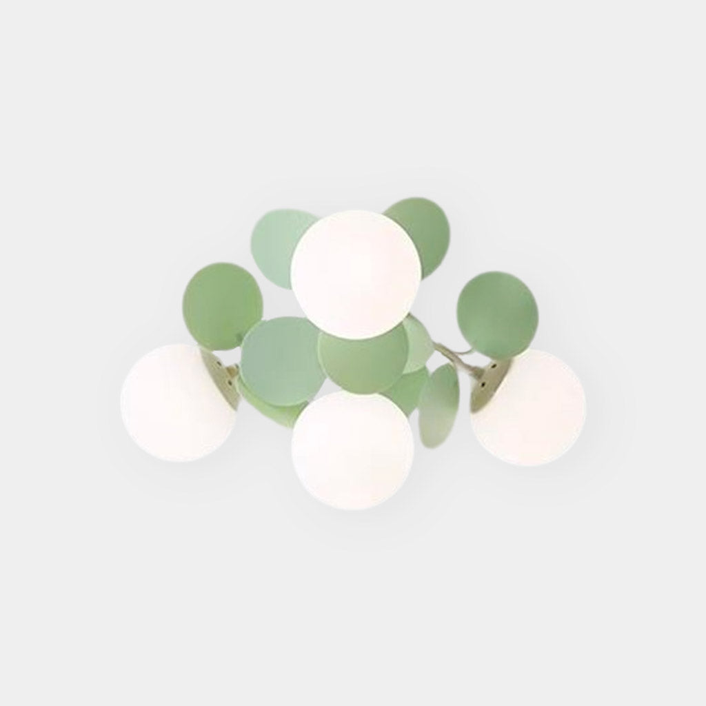 Ceiling Light Cream Glass Globe Branch, Green Leaves