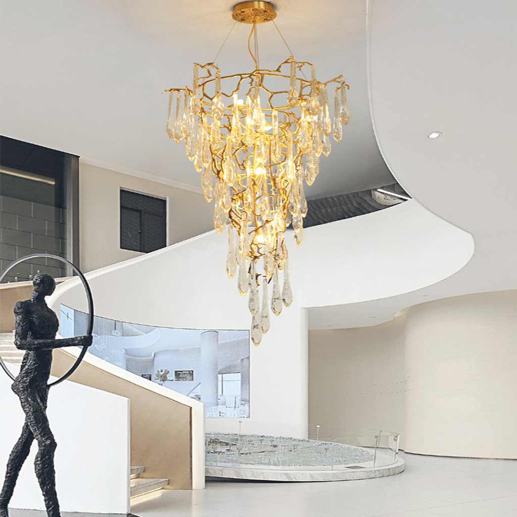 Chandelier Luxury Large High Ceiling Branch Brass and Crystal