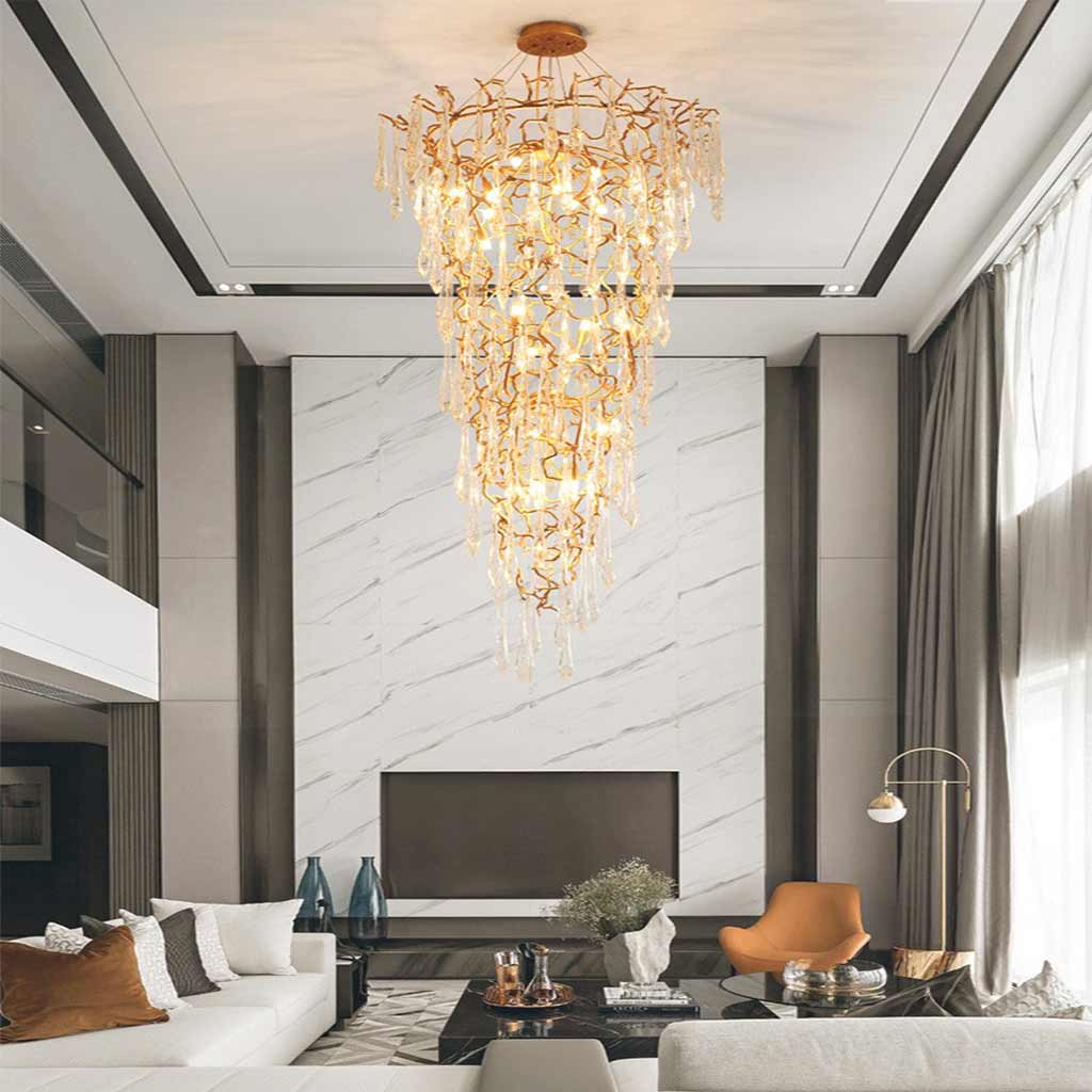 Chandelier Luxury Large High Ceiling Branch Brass and Crystal