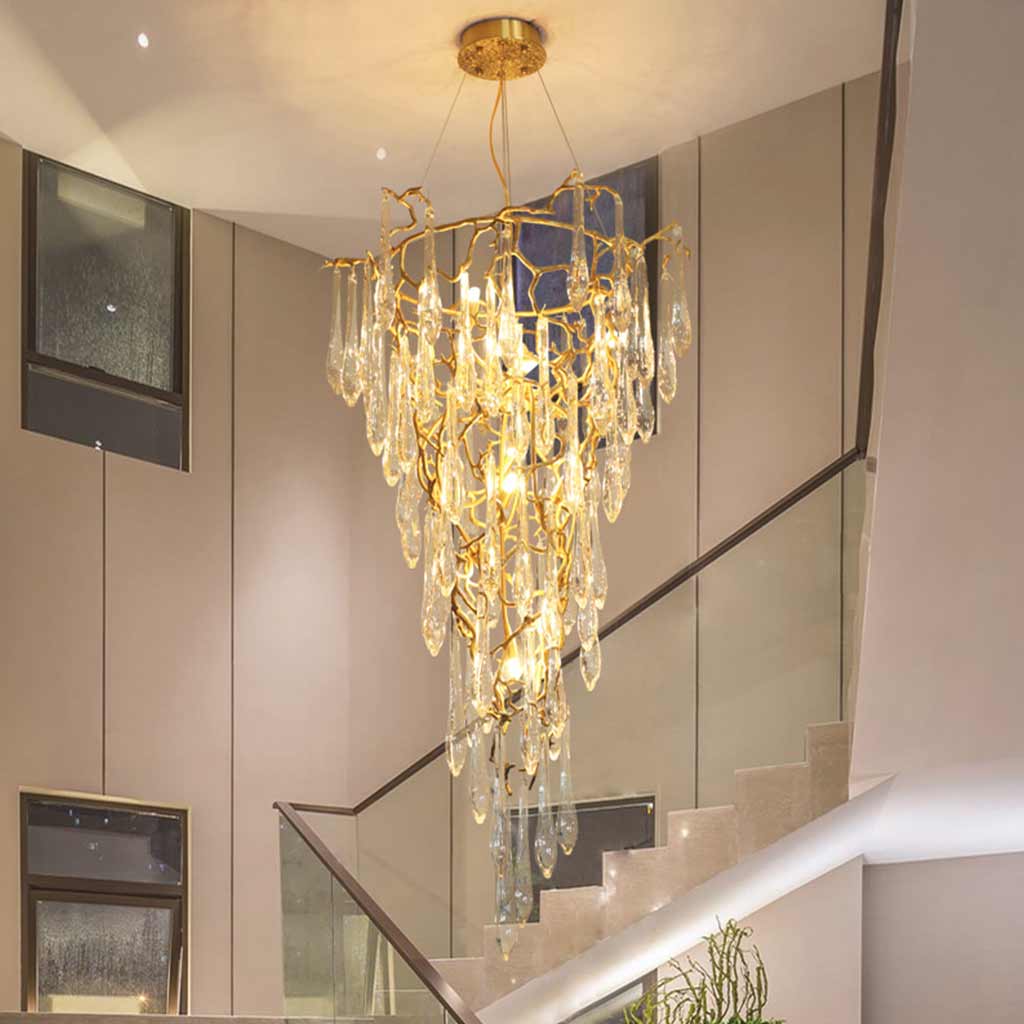 Chandelier Luxury Large High Ceiling Branch Brass and Crystal