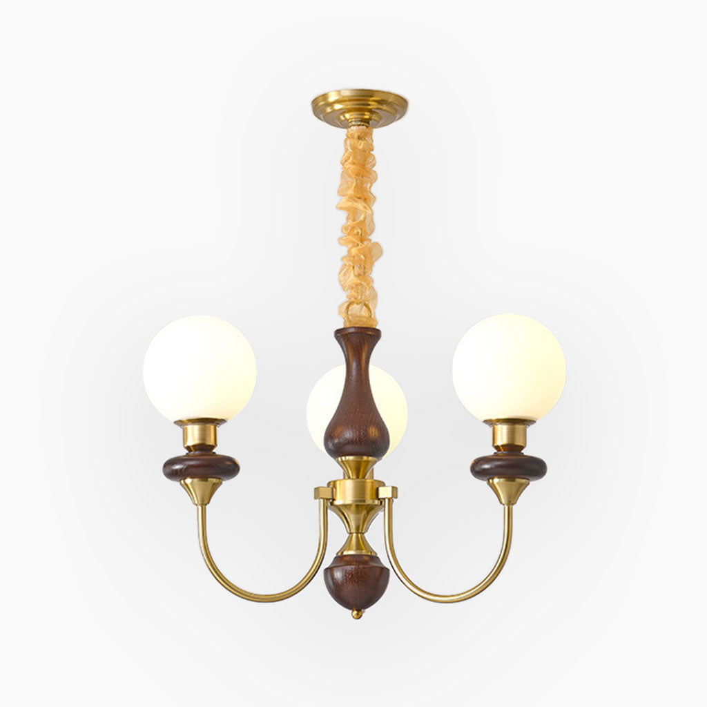 Chandelier French Mid-Century Wood Glass Ball, 2 Colors