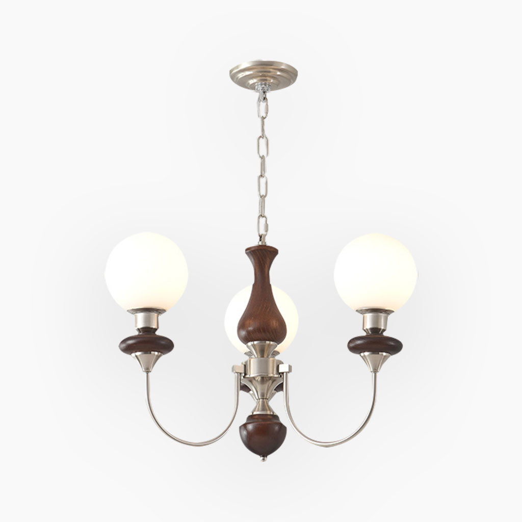 Chandelier French Mid-Century Wood Glass Ball, 2 Colors