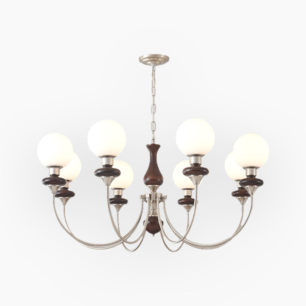 Chandelier French Mid-Century Wood Glass Ball, 2 Colors