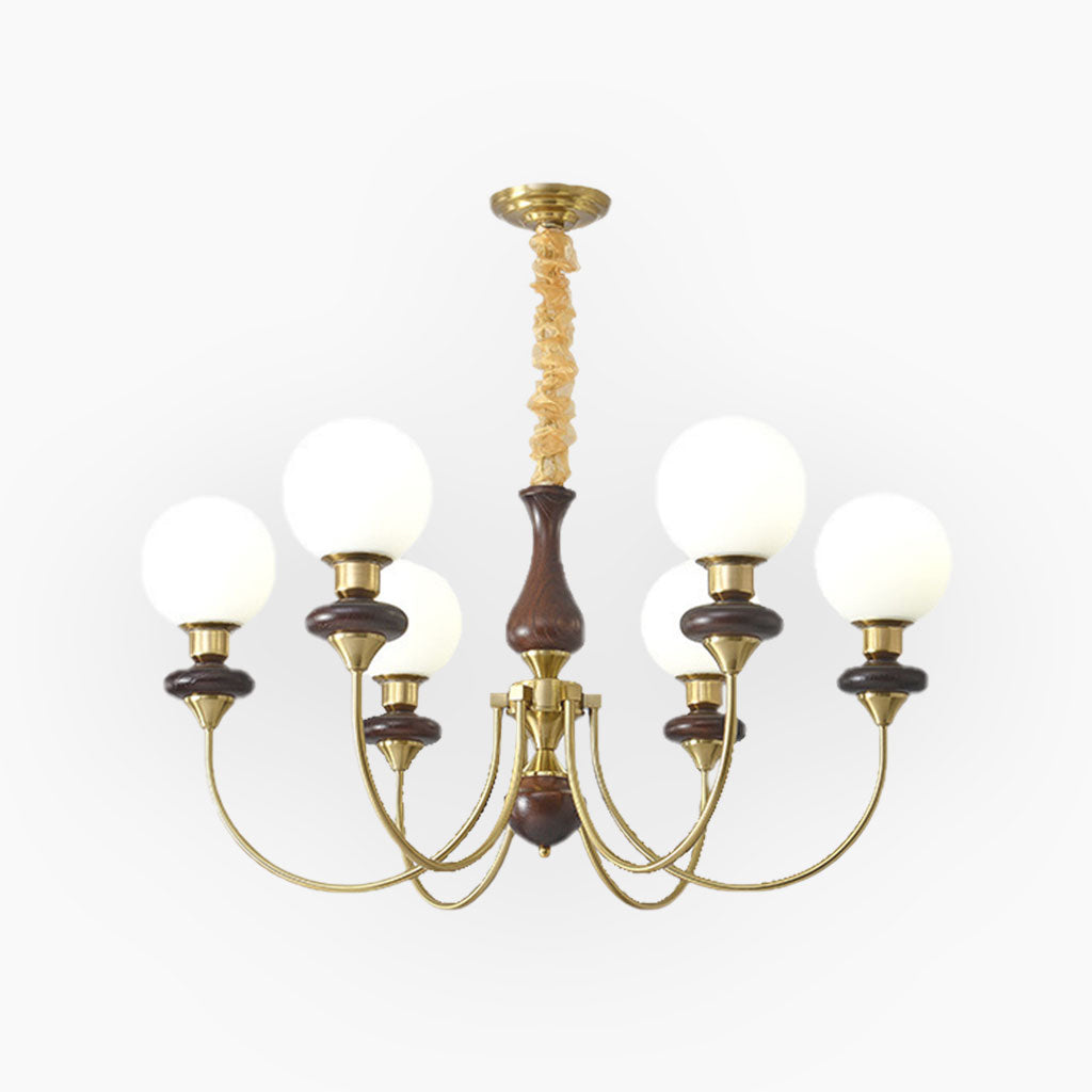 Chandelier French Mid-Century Wood Glass Ball, 2 Colors