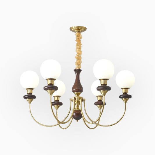 Chandelier French Mid-Century Wood Glass Ball, 2 Colors