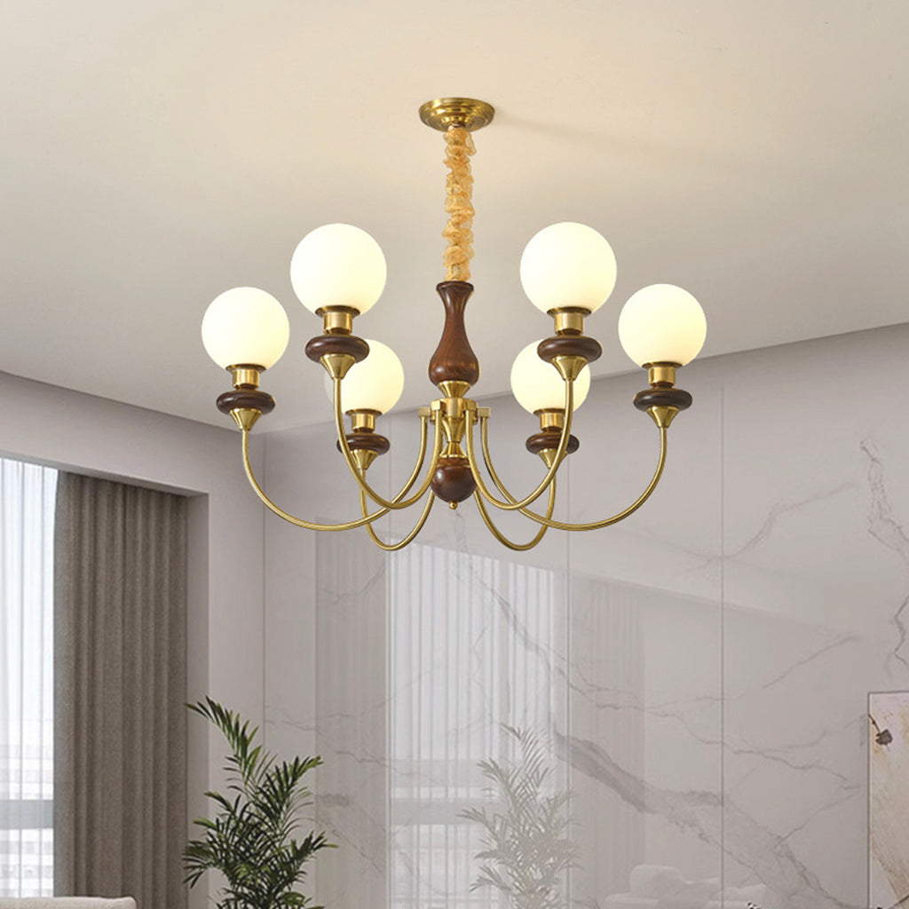 Chandelier French Mid-Century Wood Glass Ball, 2 Colors