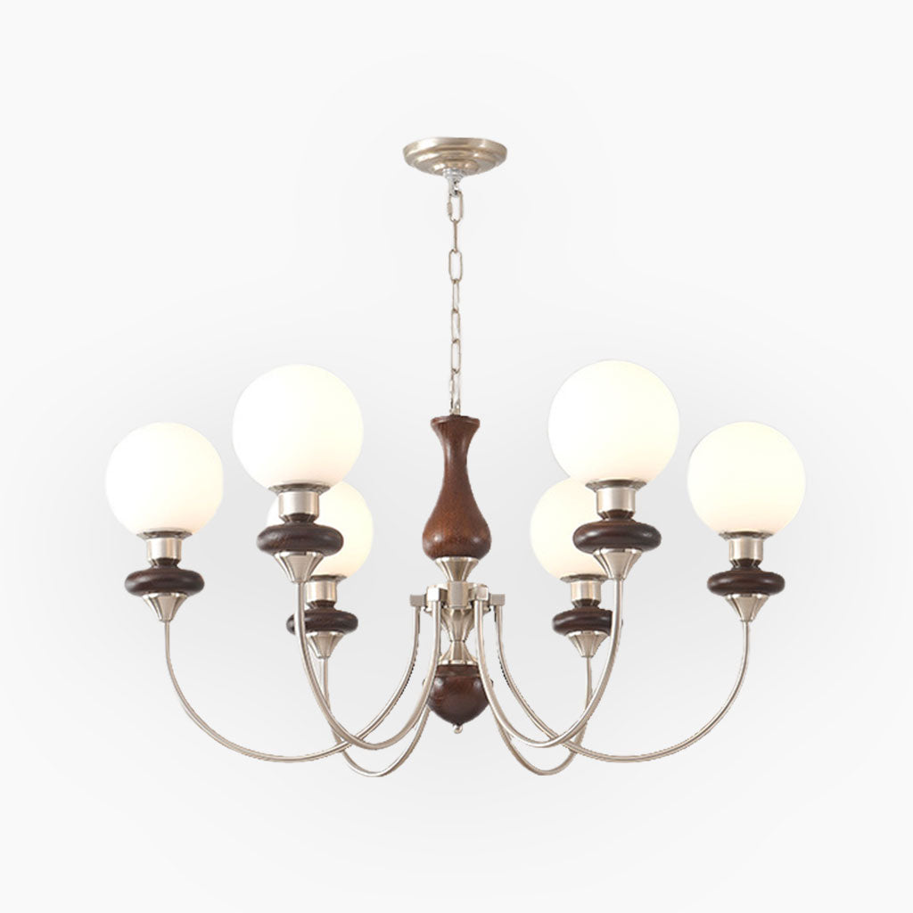 Chandelier French Mid-Century Wood Glass Ball, 2 Colors