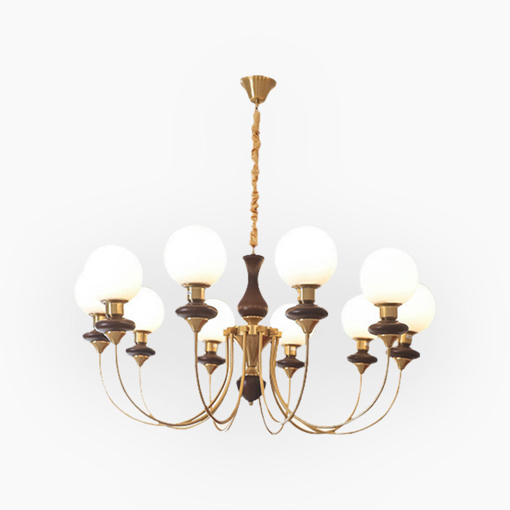 Chandelier French Mid-Century Wood Glass Ball, 2 Colors