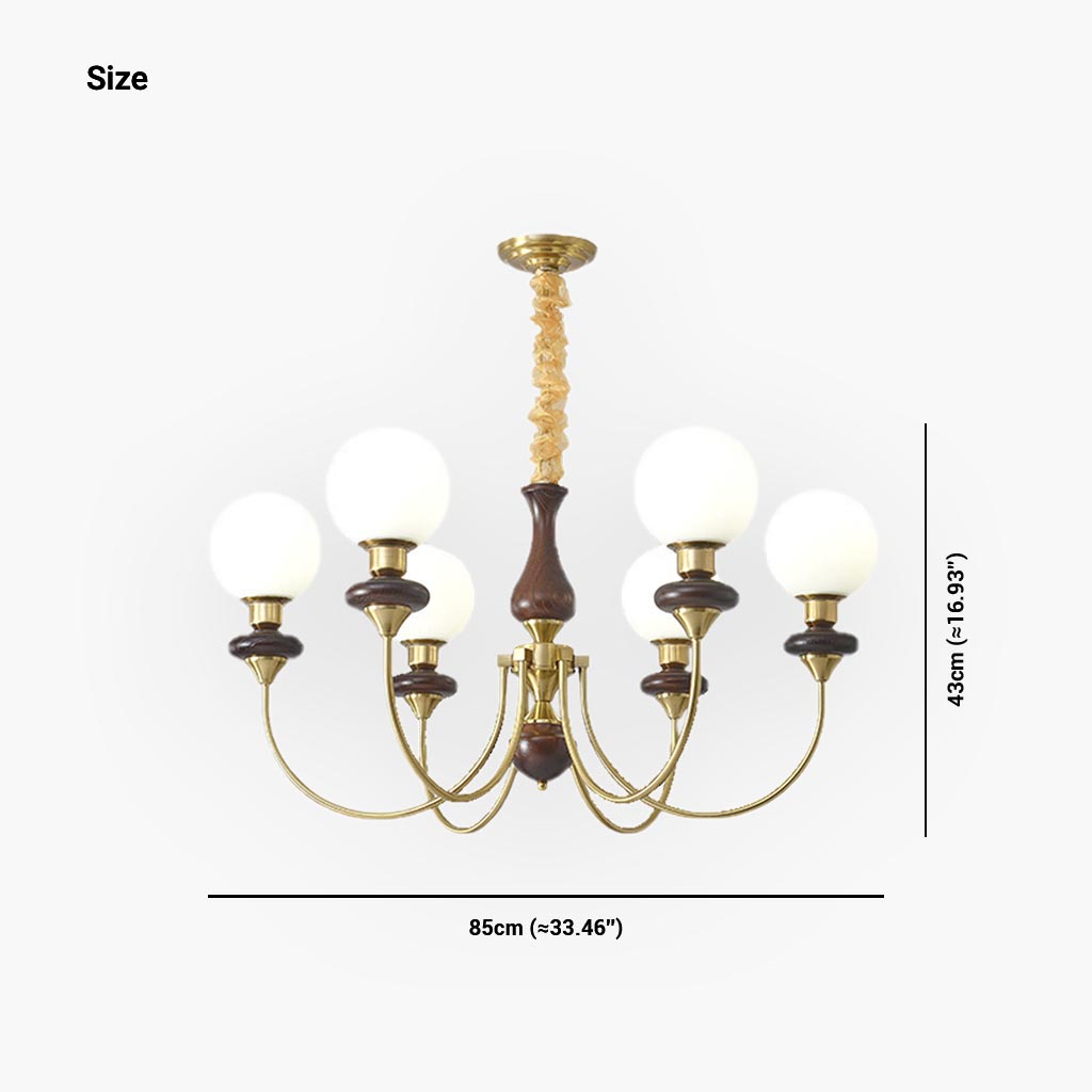 Chandelier French Mid-Century Wood Glass Ball, 2 Colors