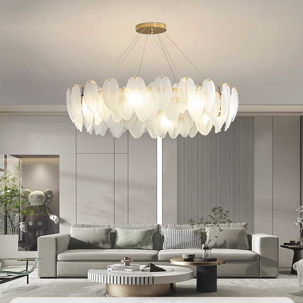 Chandelier Luxury Glass Feather Round / Rectangular, Gold&White