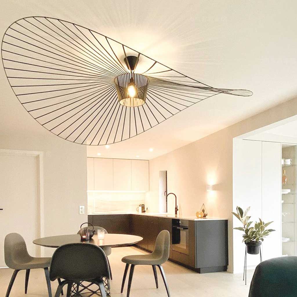 Chandelier Hanging Light Large Retro Straw Hat Black