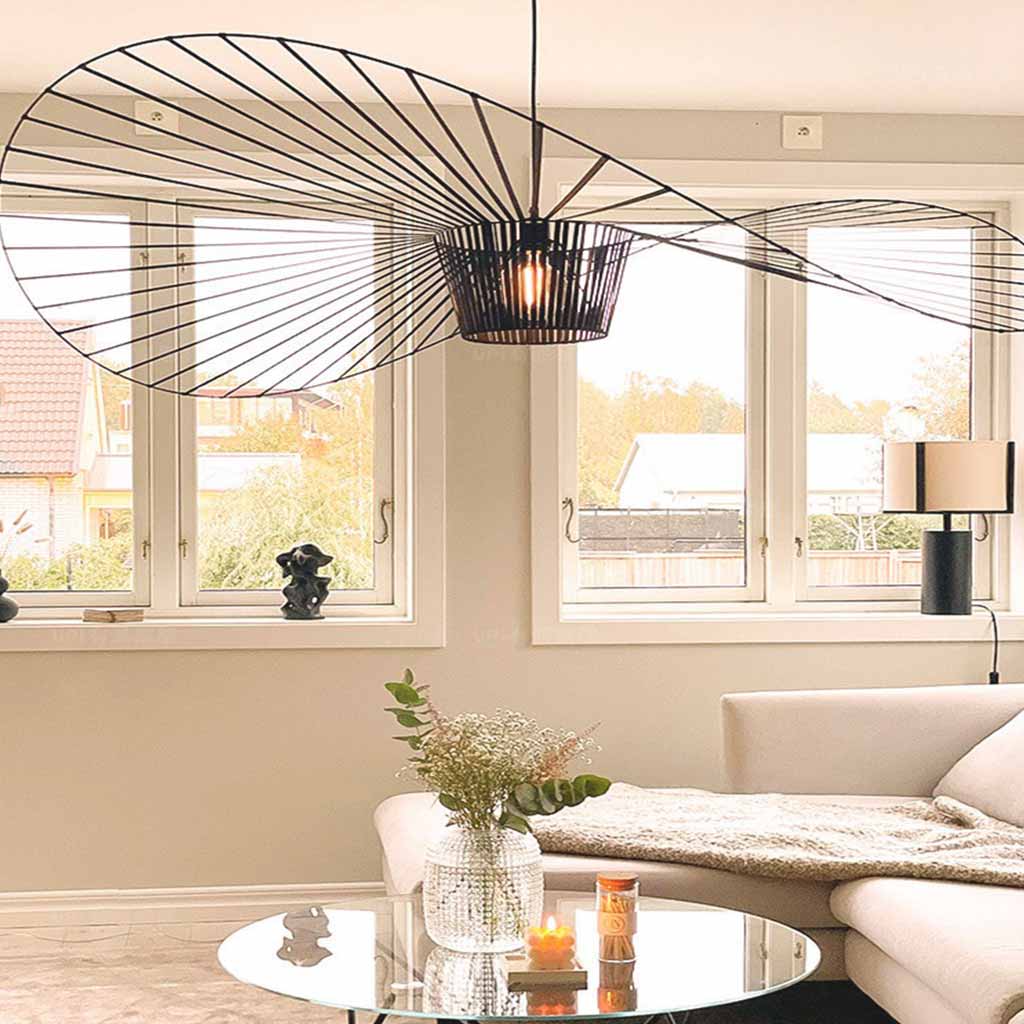 Chandelier Hanging Light Large Retro Straw Hat Black