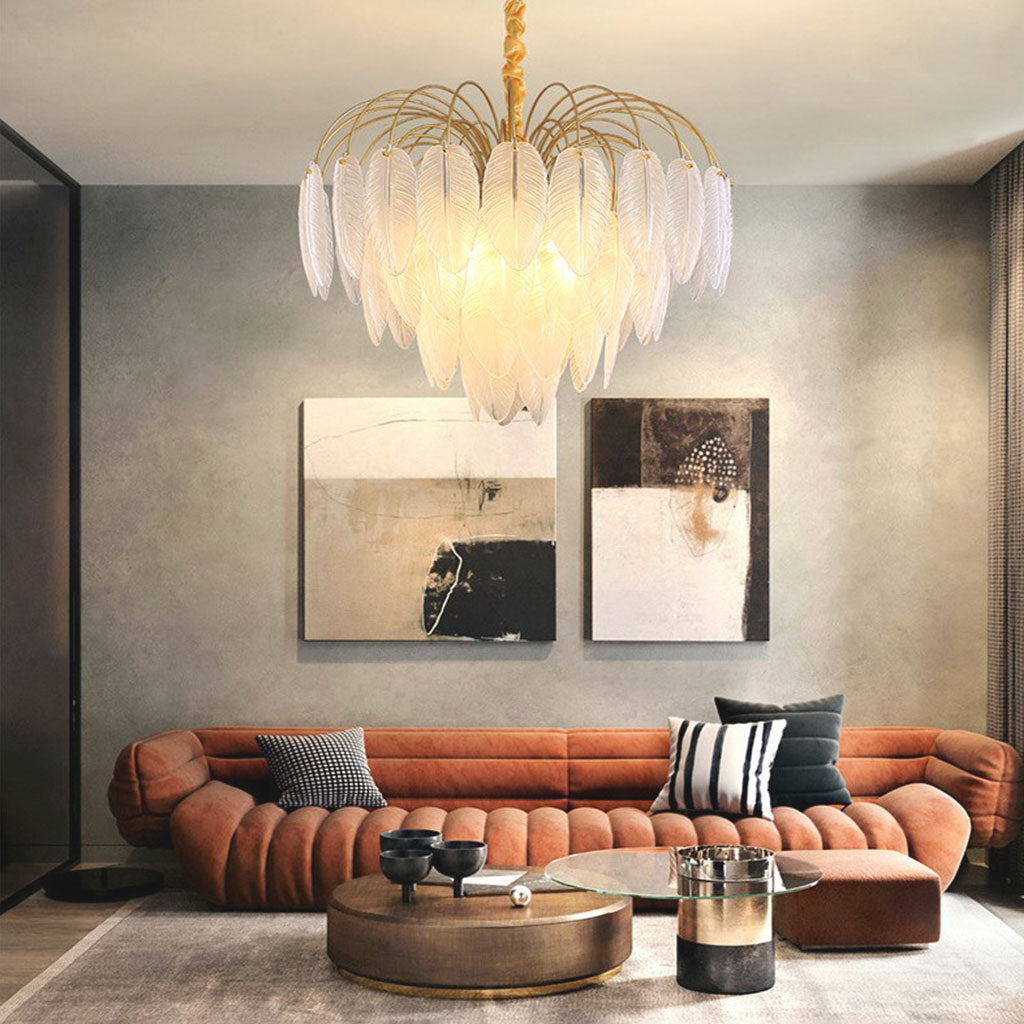 Chandelier Modern Arch Glass Feather, Gold & White