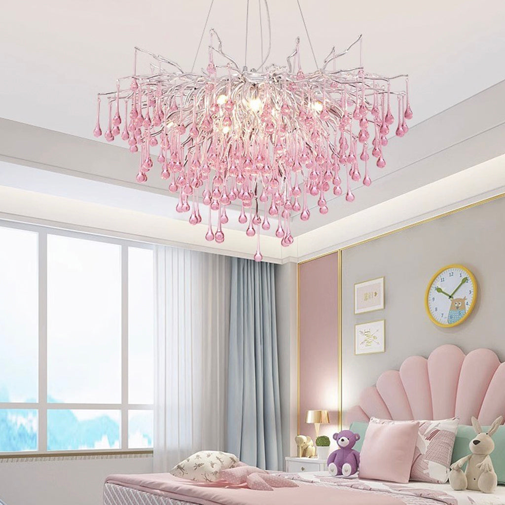 Chandelier Pink Crystal Glass Branch Raindrop for Girls Room