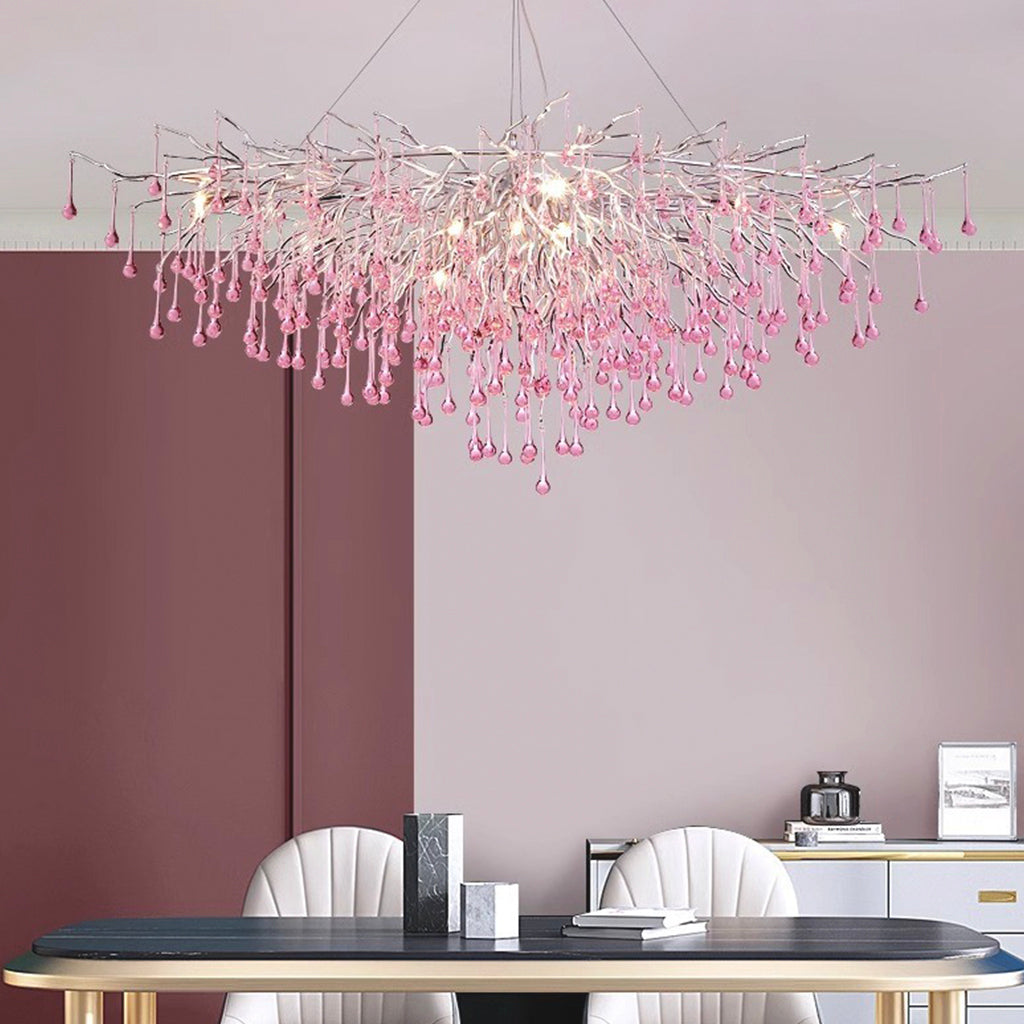 Chandelier Pink Crystal Glass Branch Raindrop for Girls Room