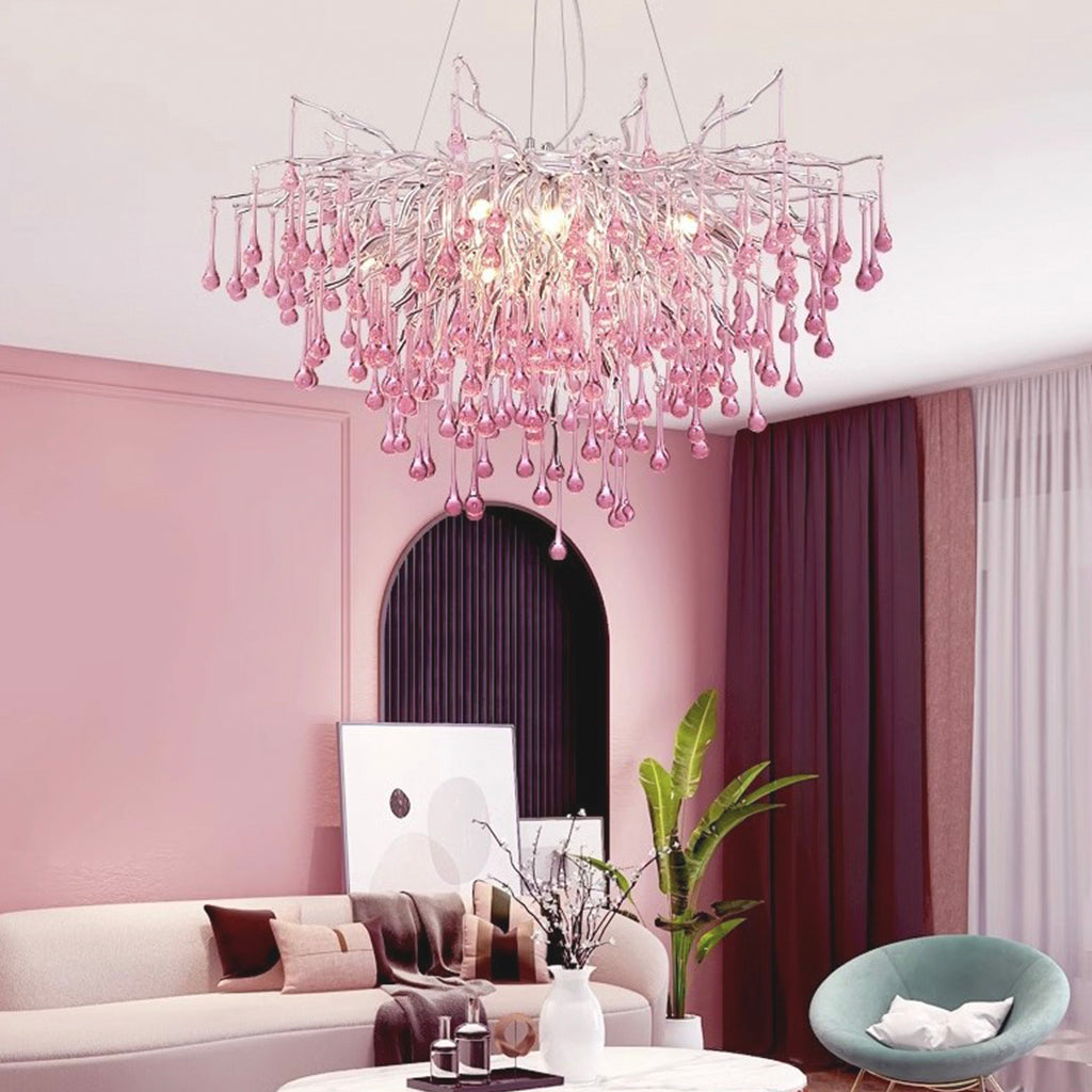 Chandelier Pink Crystal Glass Branch Raindrop for Girls Room