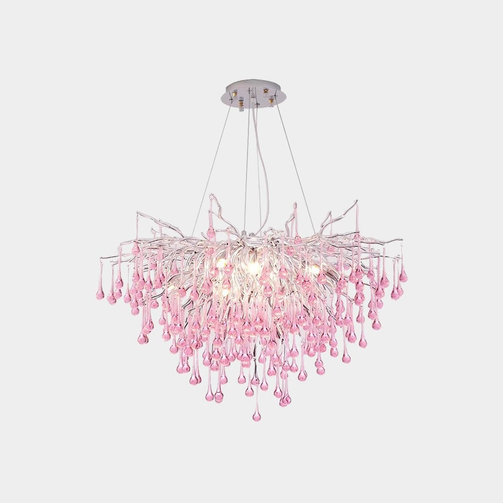 Chandelier Pink Crystal Glass Branch Raindrop for Girls Room