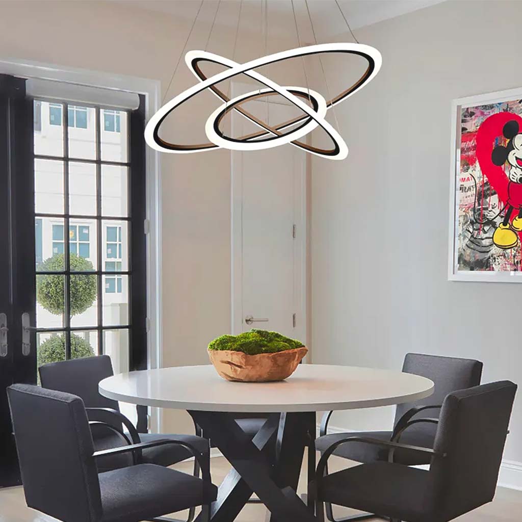 Chandelier Hanging LED 3 Ring Chic Orbit Circle, Aluminum & Acrylic