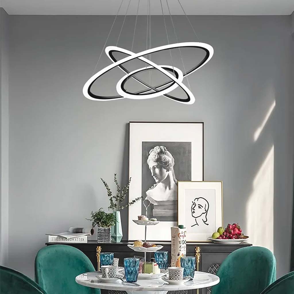 Chandelier Hanging LED 3 Ring Chic Orbit Circle, Aluminum & Acrylic
