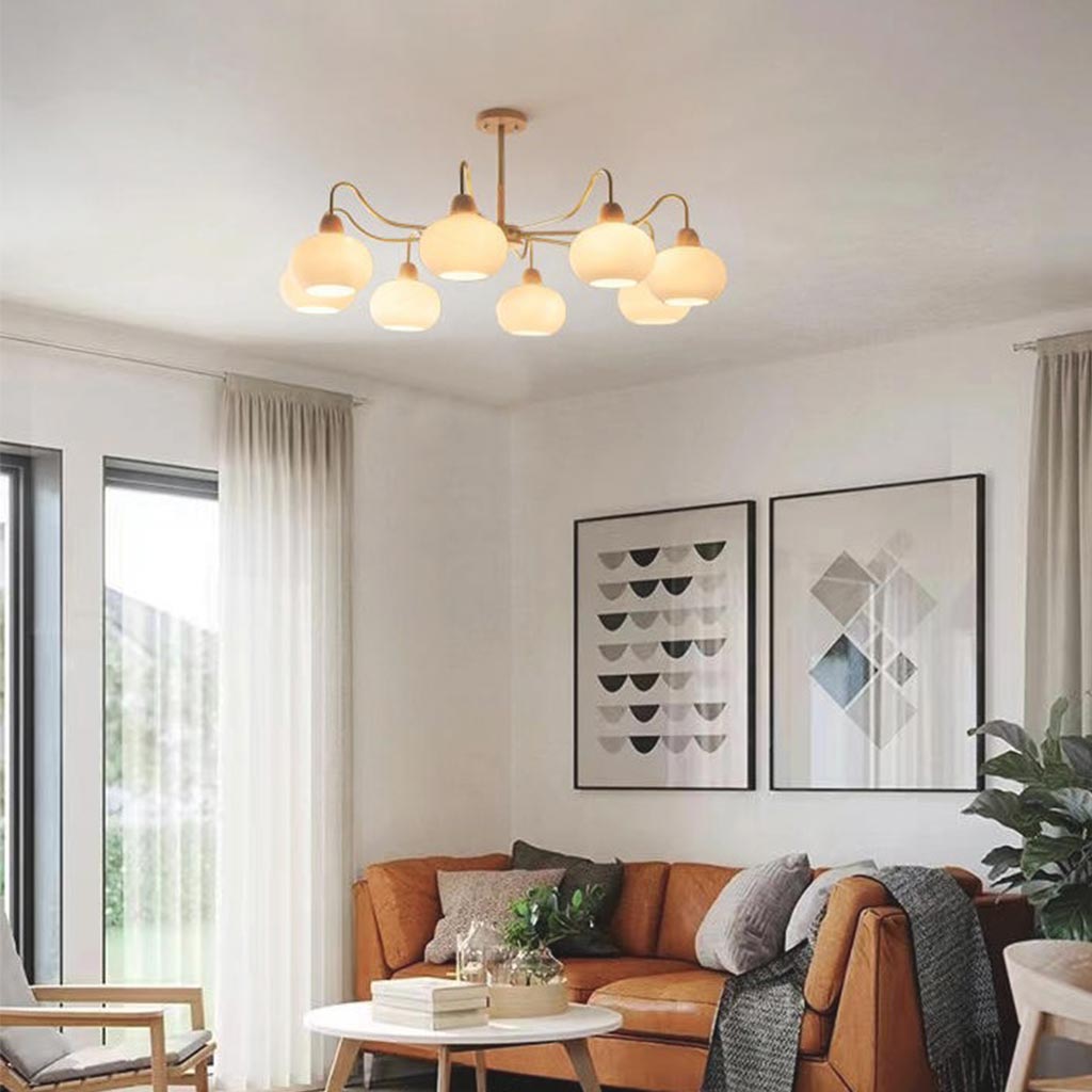 Chandelier Multi Light Chic Bauhaus for Living Room, Wood & Glass