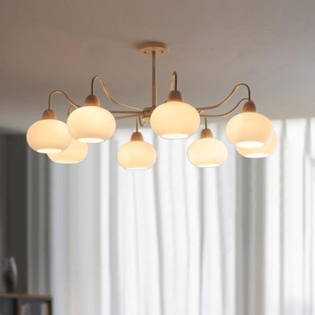 Chandelier Multi Light Chic Bauhaus for Living Room, Wood & Glass