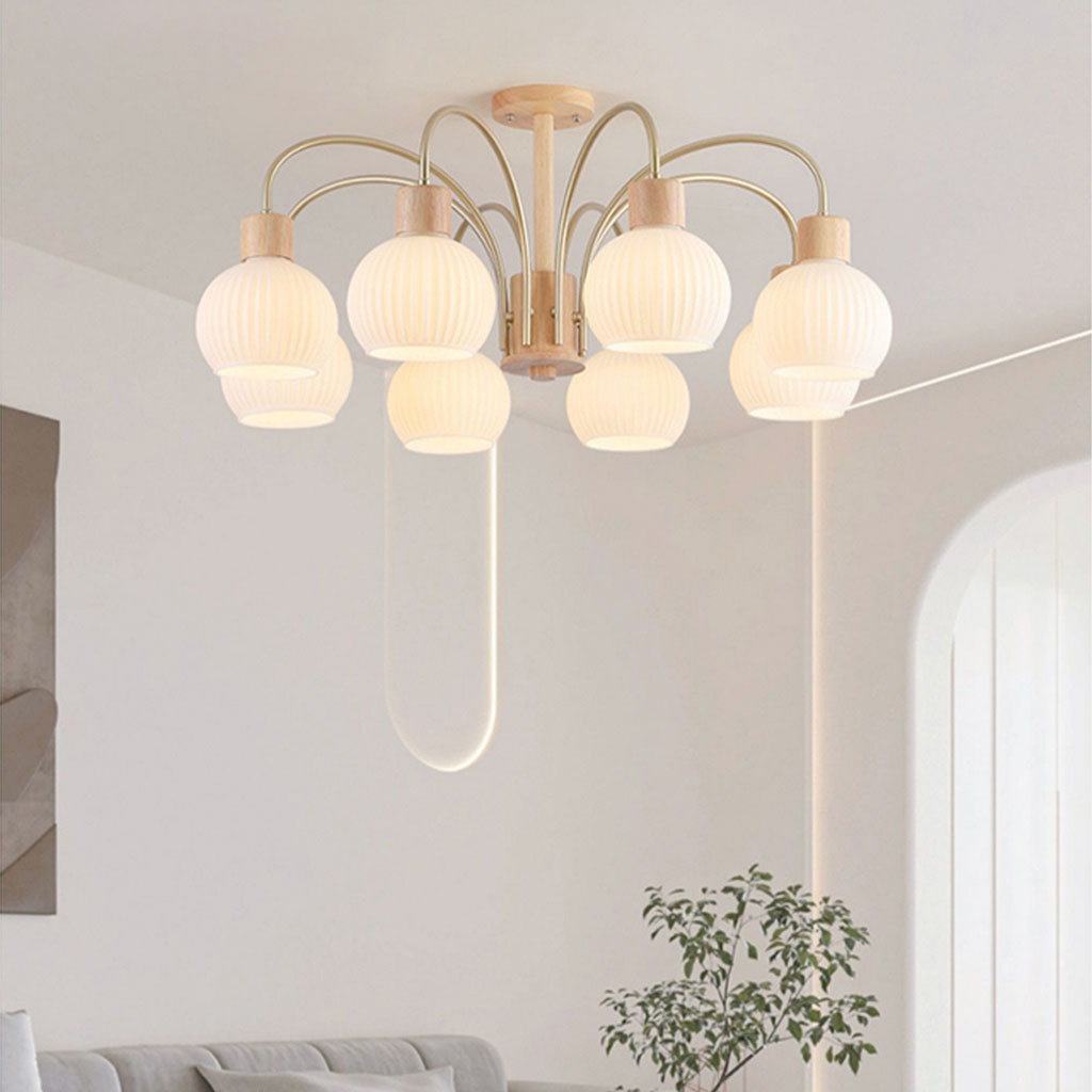 Ceiling Light Chandelier Chic Cream, Wood and Glass