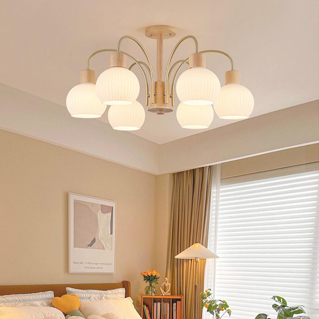 Ceiling Light Chandelier Chic Cream, Wood and Glass
