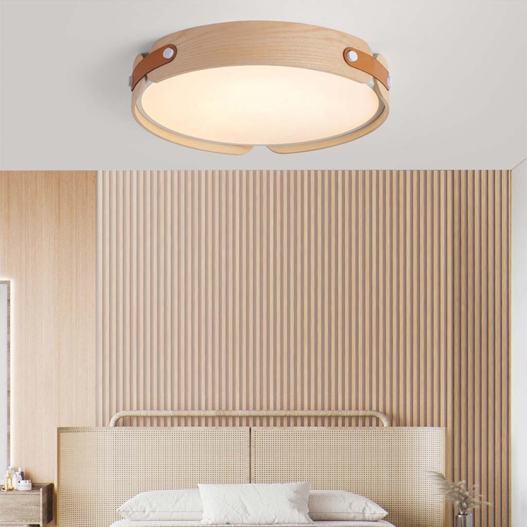 Ceiling Light Flush Mount Stylish Circular, Wood & Leather