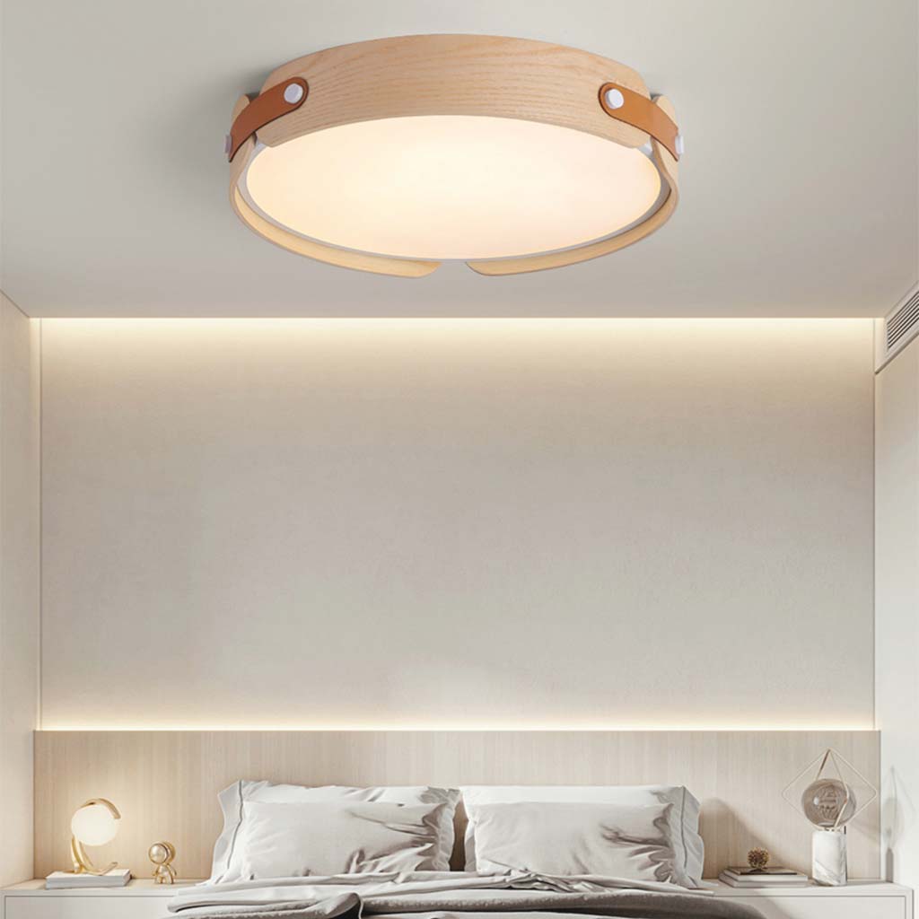 Ceiling Light Flush Mount Stylish Circular, Wood & Leather