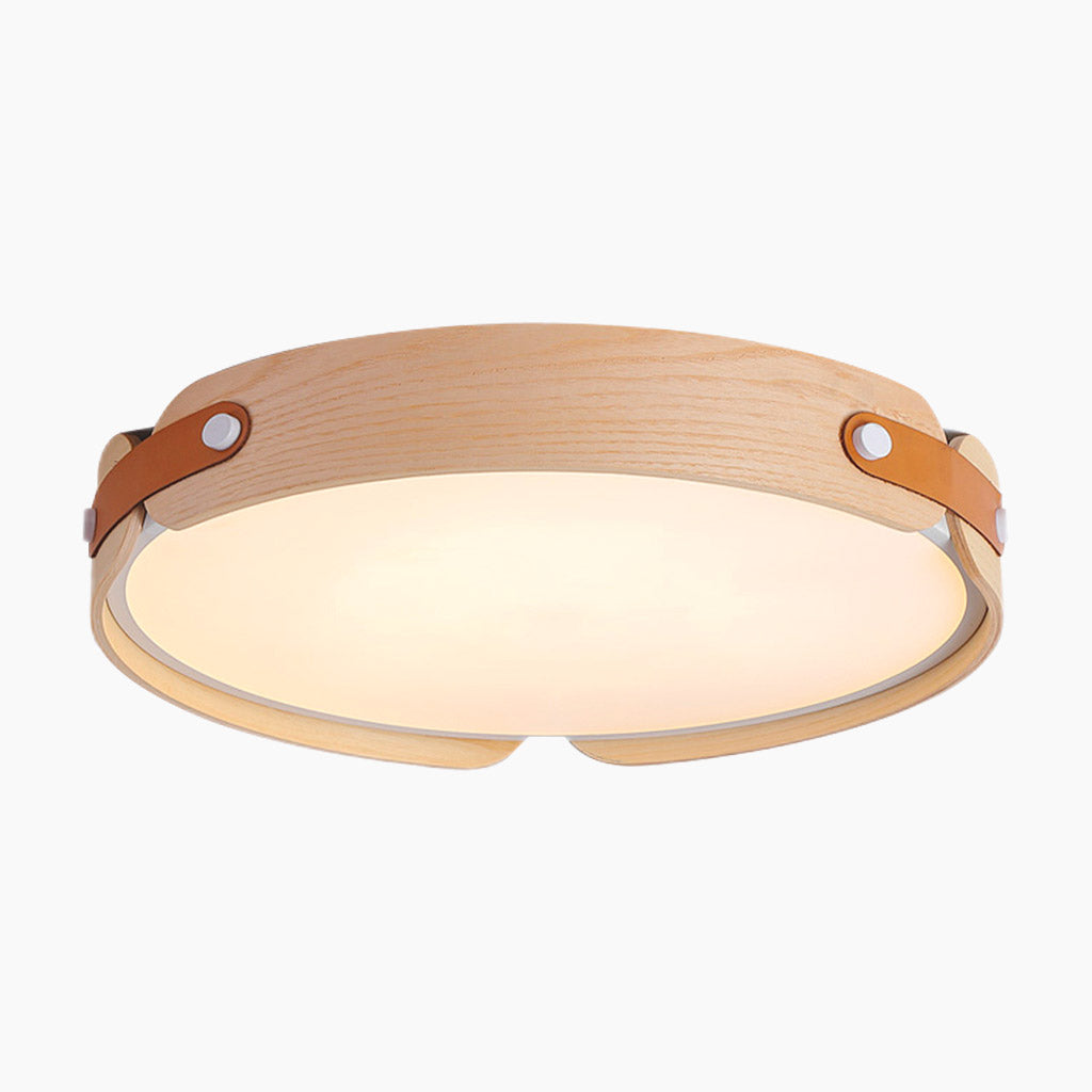 Ceiling Light Flush Mount Stylish Circular, Wood & Leather