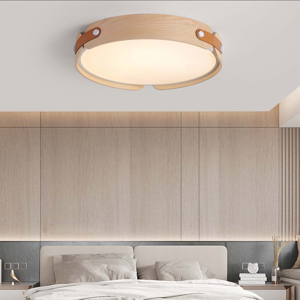 Ceiling Light Flush Mount Stylish Circular, Wood & Leather