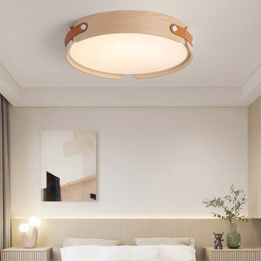 Ceiling Light Flush Mount Stylish Circular, Wood & Leather