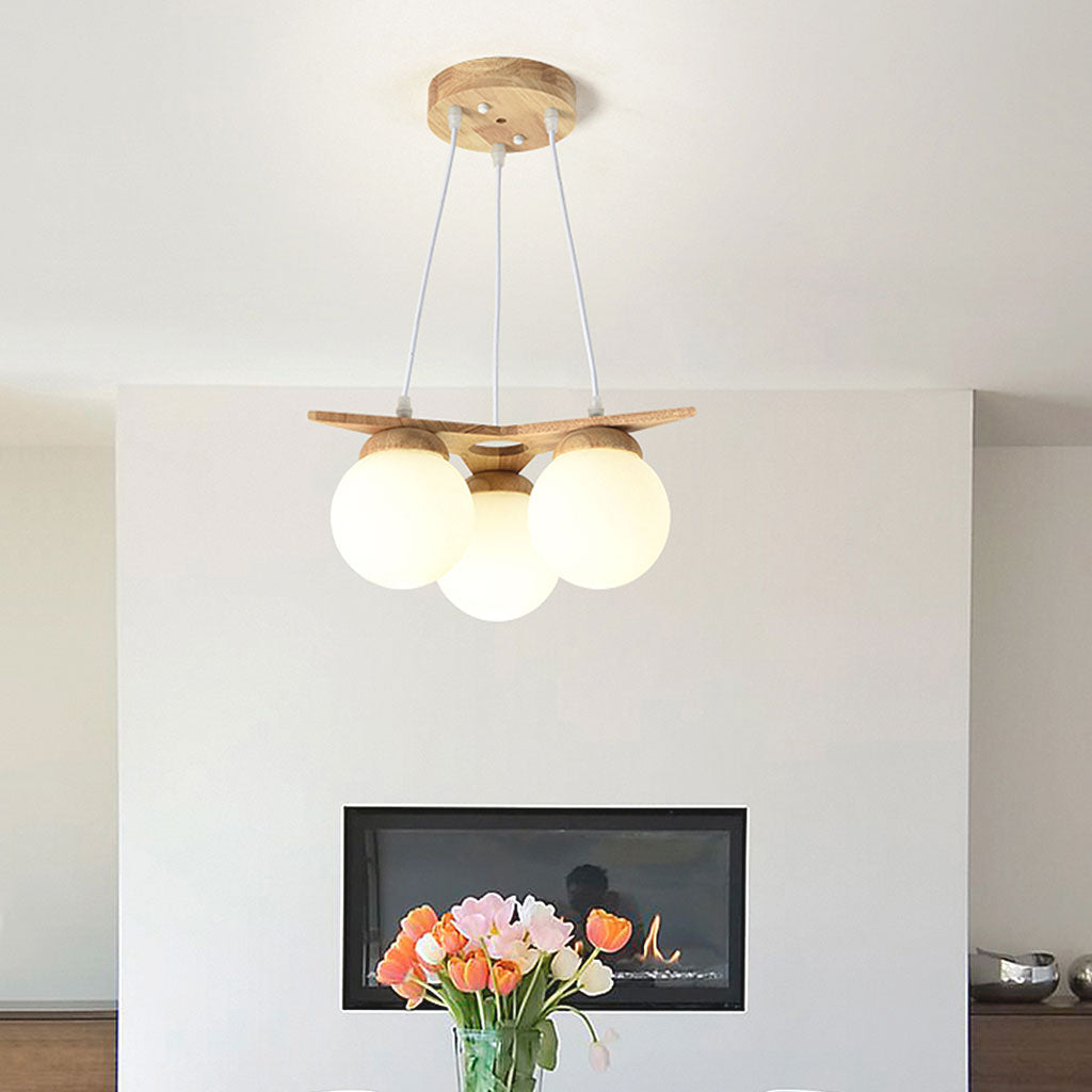 Chandelier Hanging Ceiling Light Wood Glass Globe Balloon, Cream White