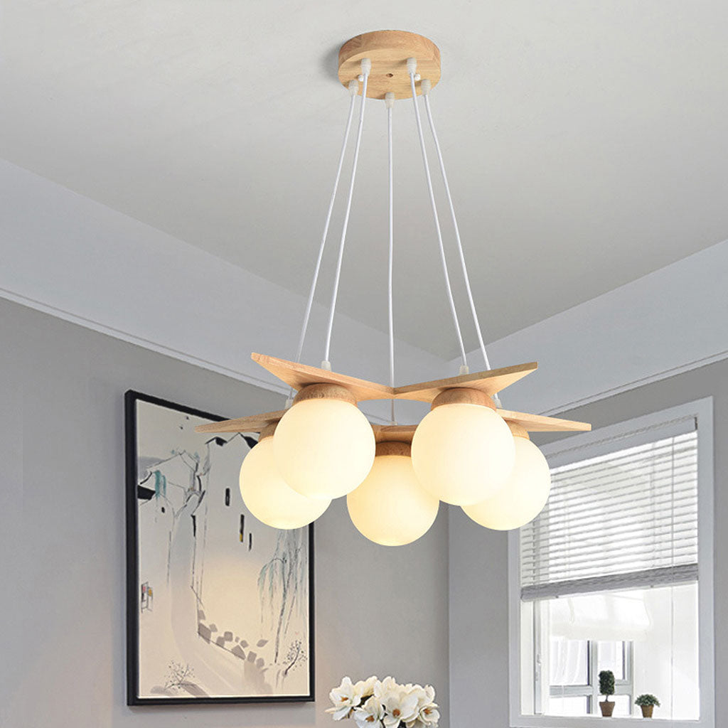 Chandelier Hanging Ceiling Light Wood Glass Globe Balloon, Cream White