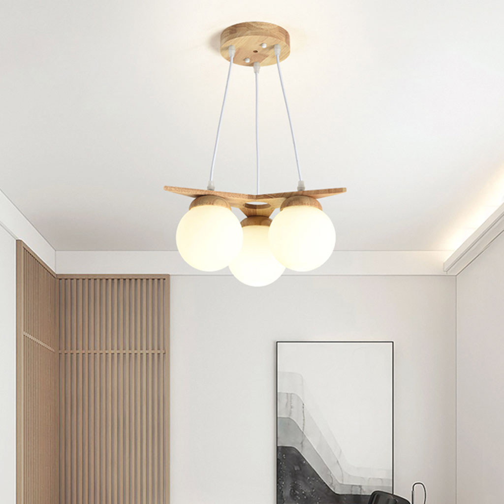 Chandelier Hanging Ceiling Light Wood Glass Globe Balloon, Cream White