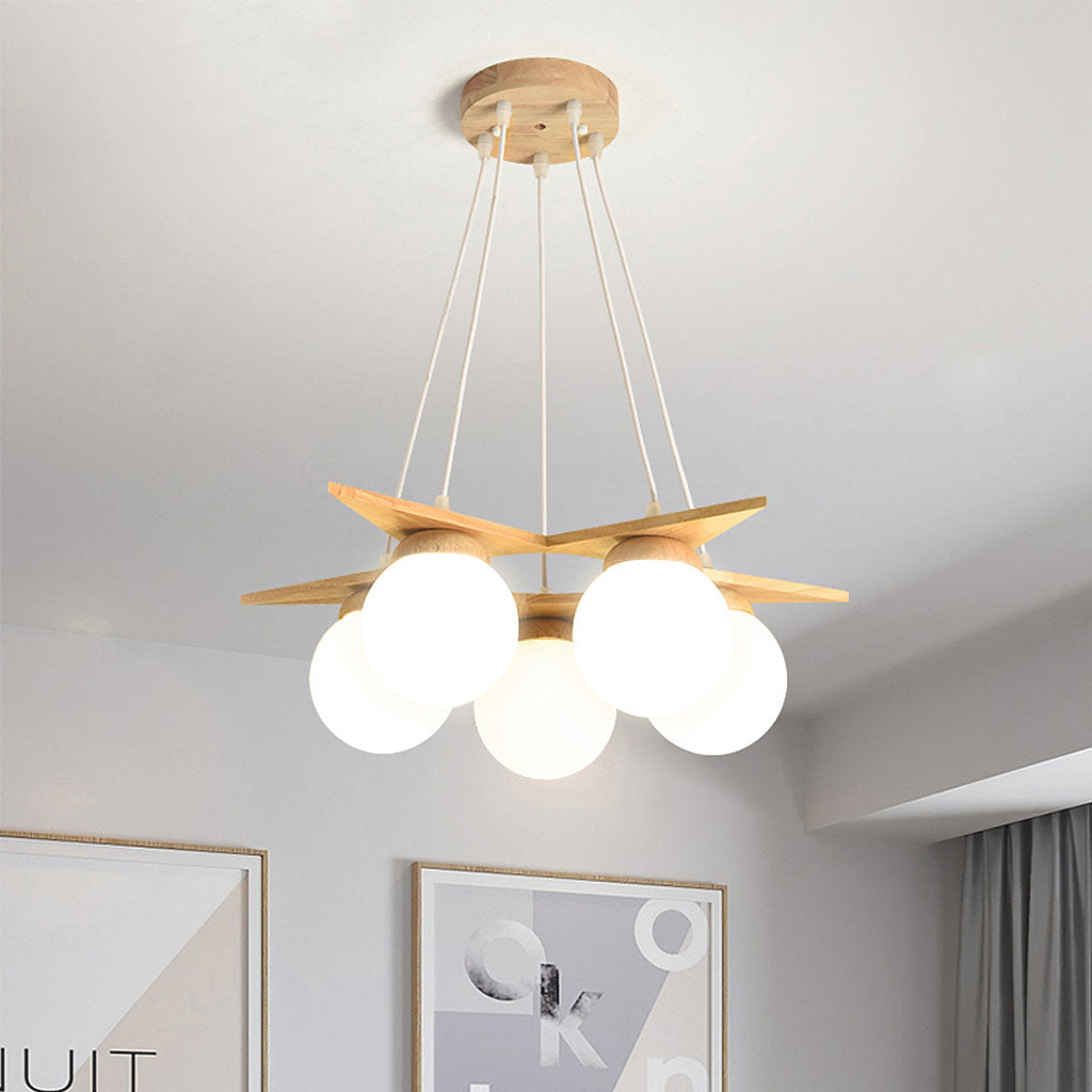 Chandelier Hanging Ceiling Light Wood Glass Globe Balloon, Cream White