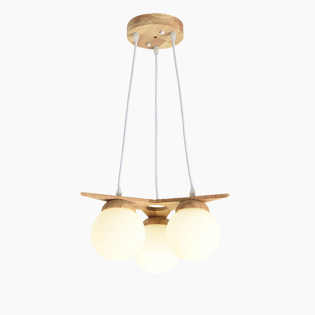 Chandelier Hanging Ceiling Light Wood Glass Globe Balloon, Cream White