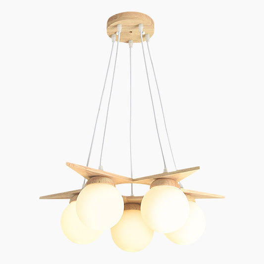 Chandelier Hanging Ceiling Light Wood Glass Globe Balloon, Cream White