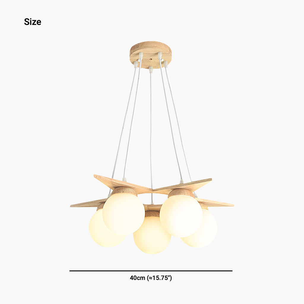 Chandelier Hanging Ceiling Light Wood Glass Globe Balloon, Cream White