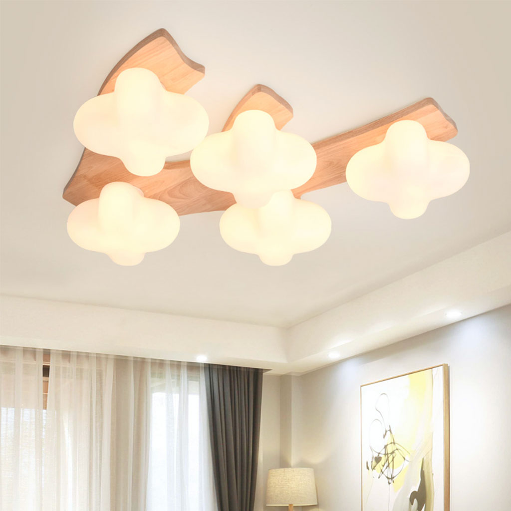 Flush Mount Ceiling Light Cream Wooden Glass Blossom