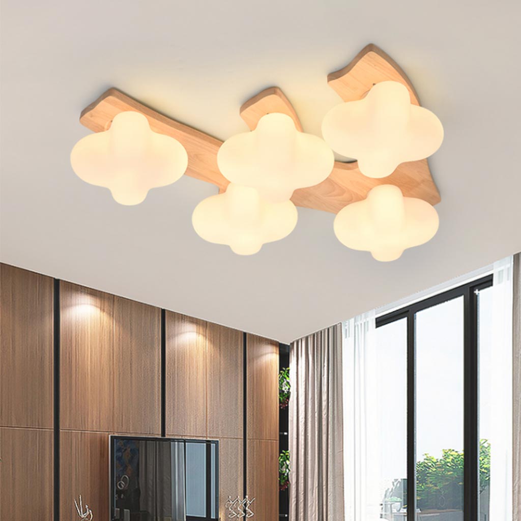 Flush Mount Ceiling Light Cream Wooden Glass Blossom