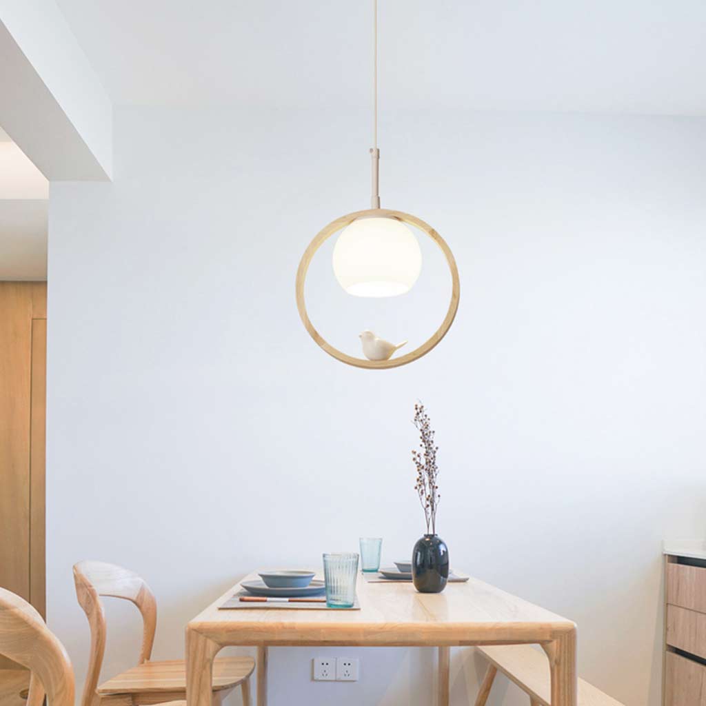 Ceiling Light Wood Pendant Light Creative Ring Bird