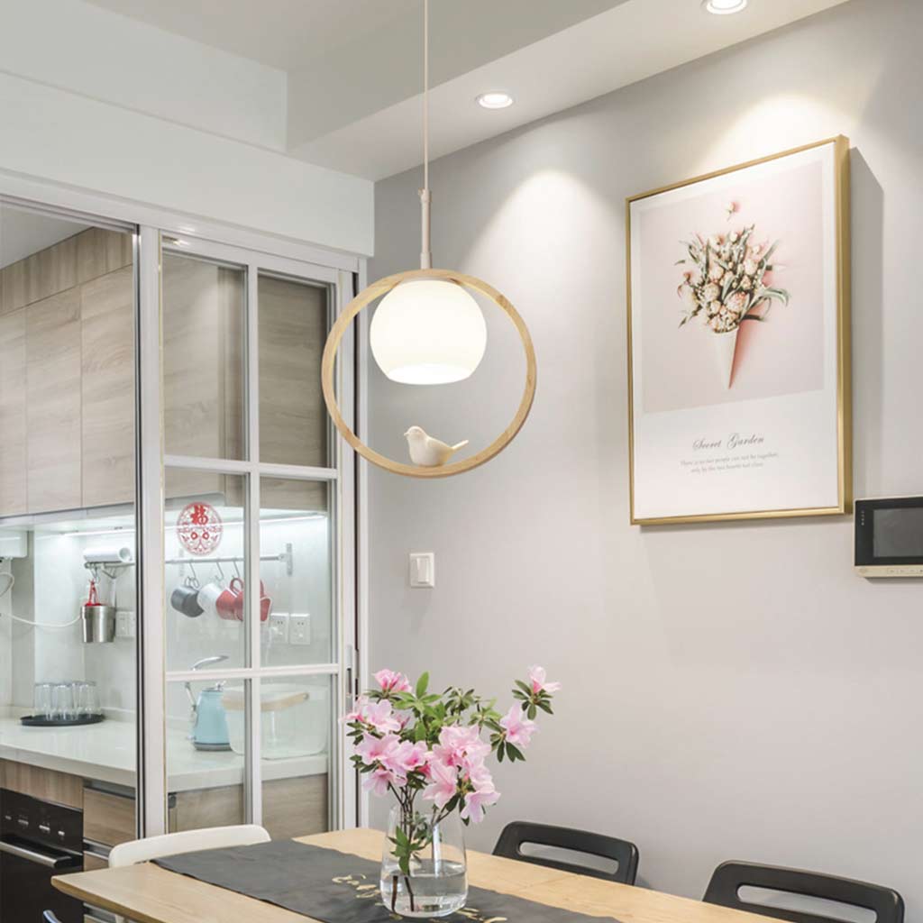 Ceiling Light Wood Pendant Light Creative Ring Bird