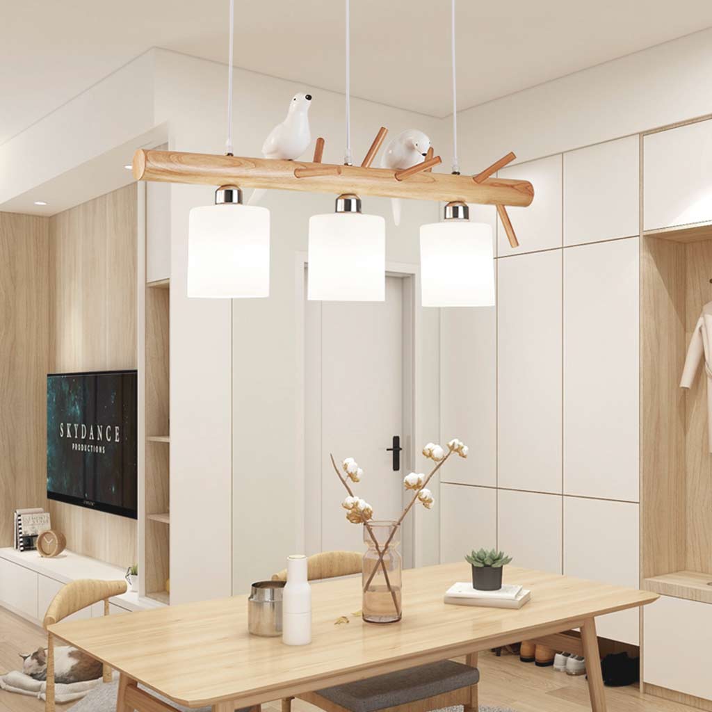 Pendant Hanging Light Cute Bird for Dining Room, Wood and Glass