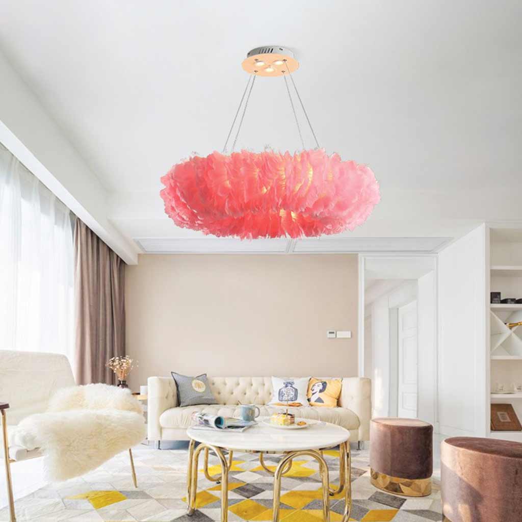 Feather Pendant Ceiling Light Unique Ring Fluffy, Pink / White