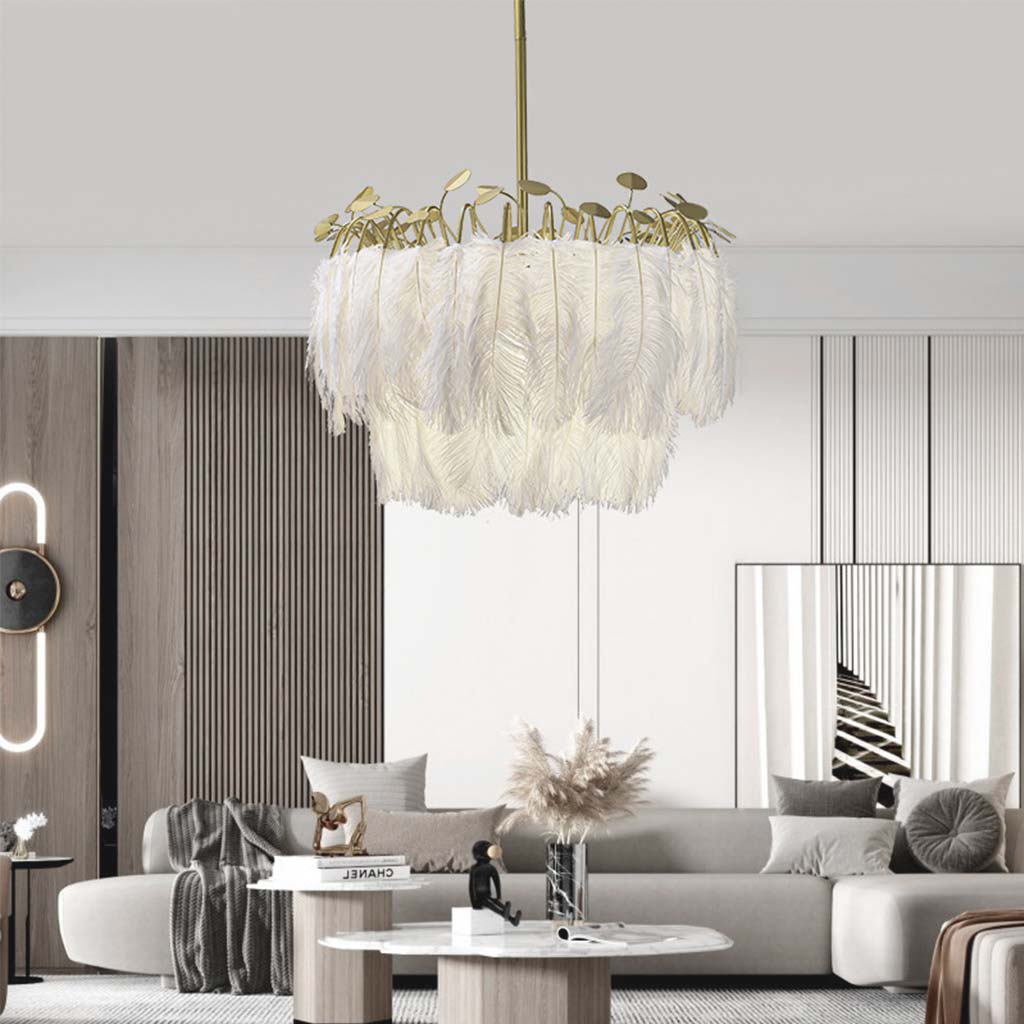 Feather Chandelier Ceiling Light Glamorous Wire Frame, White & Gold