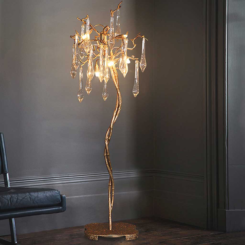 Floor Lamp Luxury Crystal Droplet Brass Branch, Gold