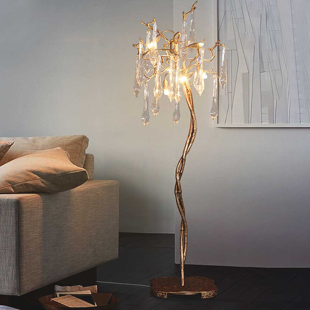 Floor Lamp Luxury Crystal Droplet Brass Branch, Gold