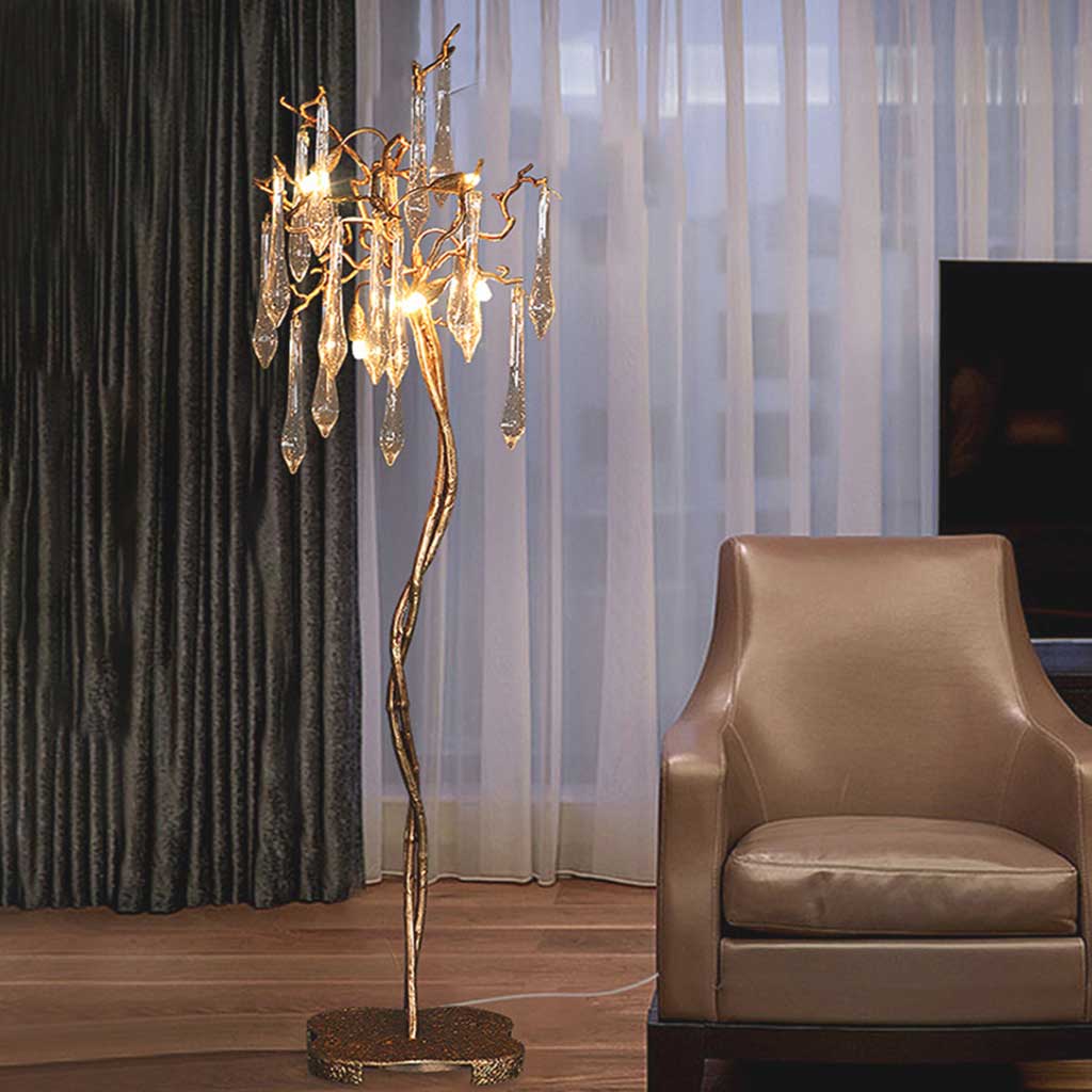 Floor Lamp Luxury Crystal Droplet Brass Branch, Gold